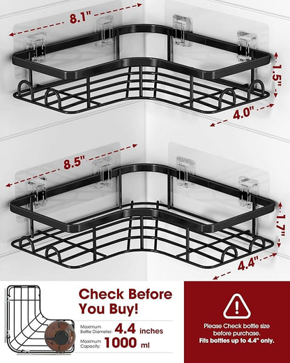 Corner Shower Caddy - 2 Pack, Adhesive Shower Organizers, Rustproof Stainless Steel Shower Shelves with 8 Hooks, No Drilling Bathroom Organizers and Storage Racks, Space-Saving, Black,Medium