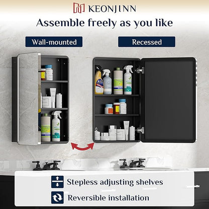 Keonjinn 20 x 32 Inch Chrome Medicine Cabinets for Bathroom with Mirror Adjustable Shelves Stainless Steel Framed Rounded Rectangle Single Door Surface Wall Mounted Silver Bathroom Storage Cabinet