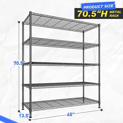 45 "W Storage Shelves 5 Tier Wire Shelving Unit Adjustable Metal Shelving Wire Shelf Pantry Shelves Wire Commercial Rack for Closet Kitchen Pantry Utility Room Garage 45" Wx 13.5" Dx70.5 H Black