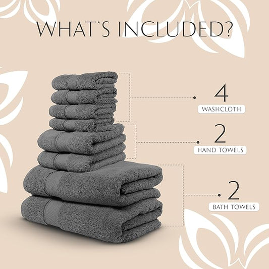 MAURA Grey Bath Towel Set of 8 for Bathroom. Turkish Cotton Luxury Bath Towels. Extra Large, Thick, Plush & Soft. Hotel & Spa Quality - Space Gray
