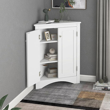 Corner Storage Cabinet with Adjustable Shelves, Triangle Bathroom & Kitchen Organizer, Freestanding Floor Cabinet for Toilet Kitchen Bathroom Cleaning Supplies (White)