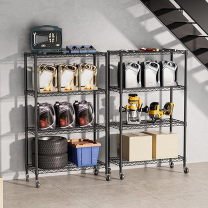 SINGAYE 4 Tier Adjustable Storage Shelf with Wheels Heavy Duty Shelving Unit Rack Shelves Wire for Garage Office Pantry Kitchen 14" Dx36 Wx58 H 1400LBS Black
