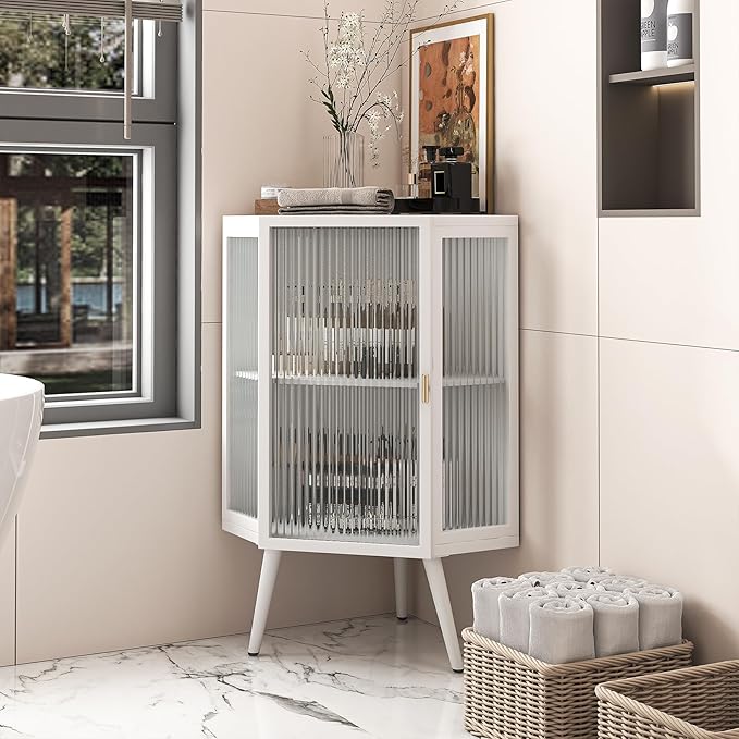 Corner Storage Cabinet with Glass Door, 31" & 43" Freestanding Triangle Floor Cabinet Modern Display Organizer Medicine Cabinets for Bathroom Living Room Bedroom (White 2, 31")