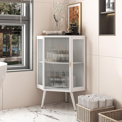 Corner Storage Cabinet with Glass Door, 31" & 43" Freestanding Triangle Floor Cabinet Modern Display Organizer Medicine Cabinets for Bathroom Living Room Bedroom (White 2, 31")