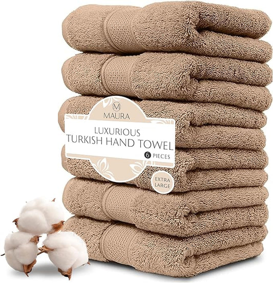 MAURA Biege Hand Towels for Bathroom. Luxury Turkish Cotton Bath Hand Towels Set of 6. Ultra-Soft, Thick & Plush - Brown