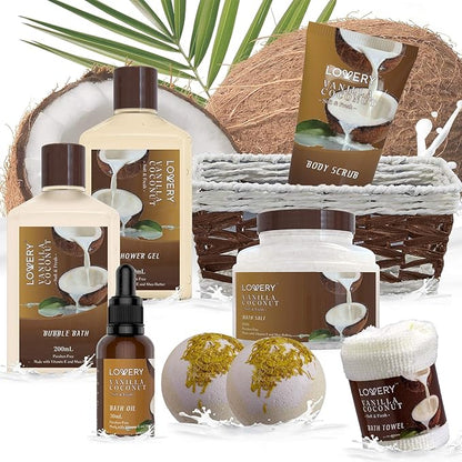Gifts For Women Gift Basket for Women– 9 Piece Christmas Gifts Set of Vanilla Coconut Home Spa Set, Luxurious Holiday Bath and Body Sets Includes Fragrant Lotions, Extra Large Bath Bombs, Coconut Oil