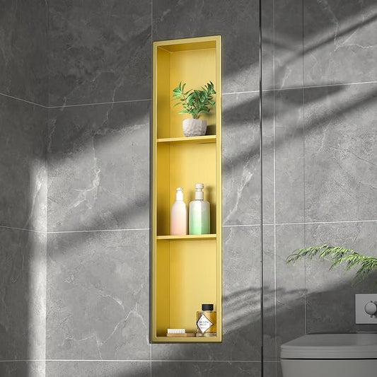 Stainless Steel Shower Niche 8"×36" with 3-Tier Shelve Gold No Tiled Needed Niche Shower for Wall Recessed Shower Shelf for Bathroom Storage
