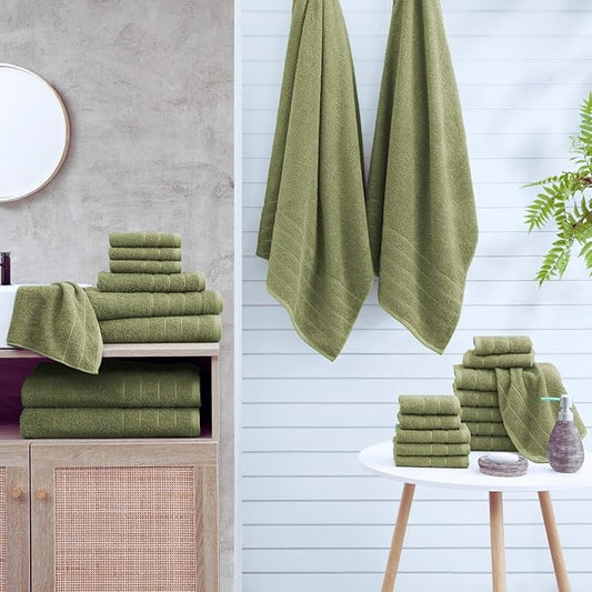Casa Platino 100% Cotton 8 Piece Bath Towel Set - Ring Spun, Quick Dry, Super Soft & Highly Absorbent - 2 Bath, 4 Washcloths, 2 Bathroom Hand Towels - Hotel Quality Bathroom Towel Set - Oil Green