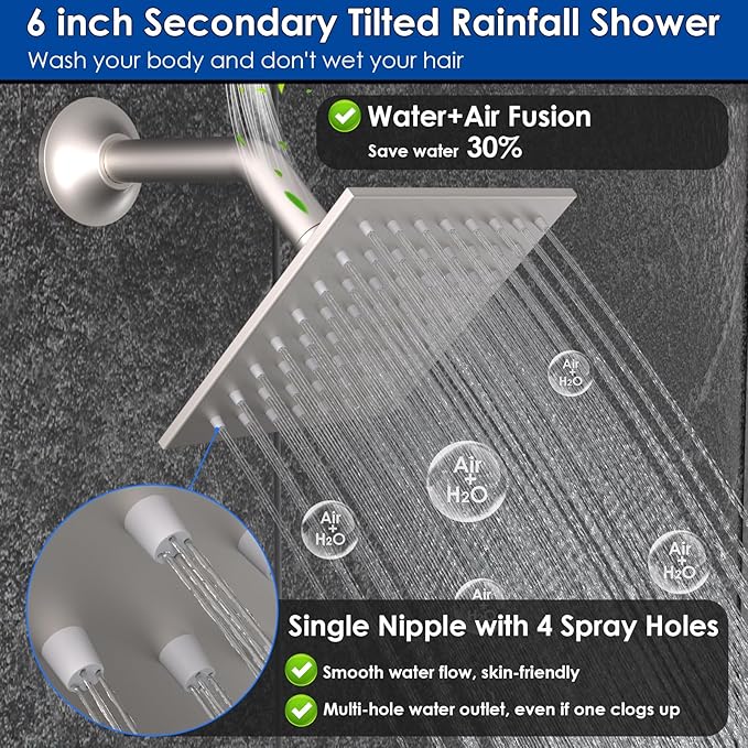ENGA Shower System with Tub Spout, Bathtub Shower Faucet Combo Set - 10" & 6" Square Rain Shower Heads with 2 in 1 Handheld Spray, 4 Way Water Diverter, Brushed Nickel