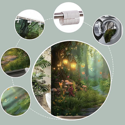Fantasy Forest Path Shower Curtain Fairy Magical Enchanted Misty Jungle Mushroom Floral Tree Butterfly Lantern Wonderland Plant Bath Curtain Fabric Bathroom Accessories Decor with Hooks 70W x84L