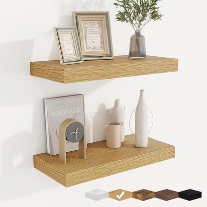 fuqing Floating Shelves for Wall, Wall Mounted Wood Floating Shelf with Invisible Brackets for Living Room, Bathroom, Bedroom, Kitchen Storage and Decor, 16 Inch Set of 2, Oak