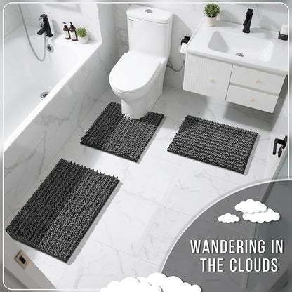 Yimobra Bathroom Rugs Sets 2 Piece - Quick Dry Extra Thick Luxury Chenille Bath Mat, Non Slip Super Absorbent for Tub Shower Sink, Machine Washable Shaggy Floor Mat, 32"x20"+24"x17" Inch, Dark Grey
