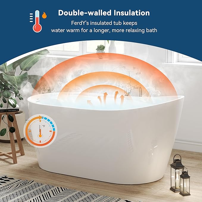 FerdY Lana'i 60" Freestanding Bathtub, Gracefully Shaped Freestanding Soaking tub, Glossy White, cUPC Certified, Polised Chrome Drain Assembly Included
