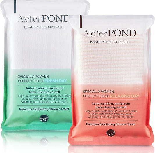Korean Exfoliating Washcloth 2-Pack – Shower Towel Body Scrub Cloths for Deep Cleansing & Dead Skin Removal (Fresh Green + Relax Orange – Value Set)
