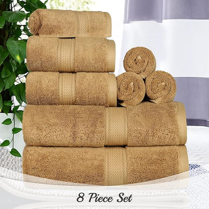 BLUENILEMILLS Madison Egyptian Cotton Towels, Towel Set for Bathroom, Shower, Hotel, Plush, 800 GSM, Highly Absorbent and Ultra-Soft Towels, Bath Essentials, 8 Piece Assorted Towel Set, Toast