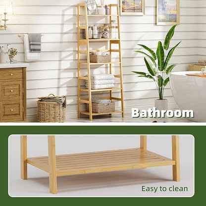 Ladder Shelf, 5-Tier Bookshelf, All Bamboo Heavy Duty Bookcase, Freestanding Open Wood Storage Rack, Modern Corner Display Plant Stand for Living Room, Home Office, Bathroom, Bedroom, Natural