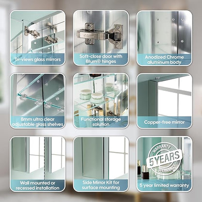 WELLFOR 72" x 30" Rectangle Medicine Cabinet Mirror, Surface Mount or Recessed Medicine Cabinet with Tempered Mirror, Anodized Chrome Aluminum Frame, Bathroom Mirror with Storage