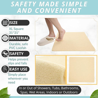Square Shower Mat - Non Slip Shower Mats for Inside Shower - Extra Large 31x31 Shower Floor Mat Non Slip - Square Bath Mat for Shower - Secure Anti Slip Loofah Shower Bath Mat (31x31 Light Beige)