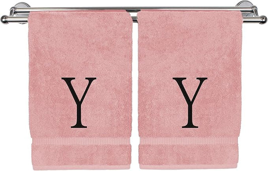 Monogrammed Hand Towel, Personalized Initial Gift, Extra Absorbent 100% Turkish Cotton - Soft Terry Finish - Set of 2 - Black Block Initial Y - Embroidered on Pink Towels