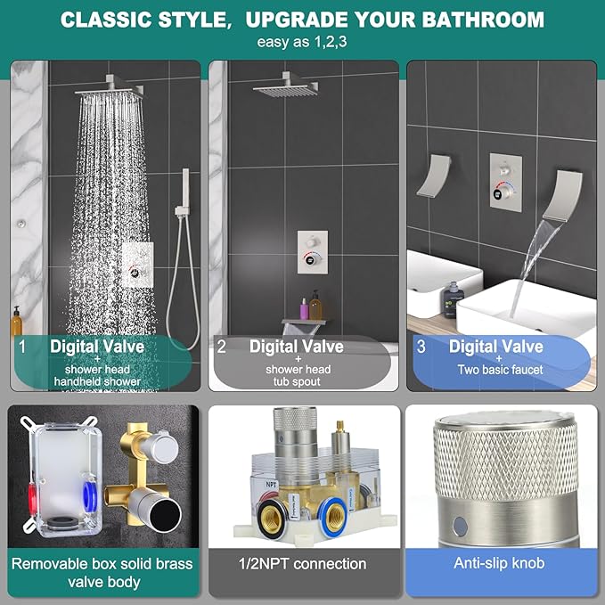 Temperature Display 2 Way Shower Valve Brass Rough-in and Rectangle Trim Kit, Dual Function Digital Shower Mixer Valve, Brushed Nickel