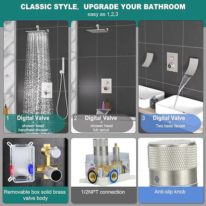 Temperature Display 2 Way Shower Valve Brass Rough-in and Rectangle Trim Kit, Dual Function Digital Shower Mixer Valve, Brushed Nickel
