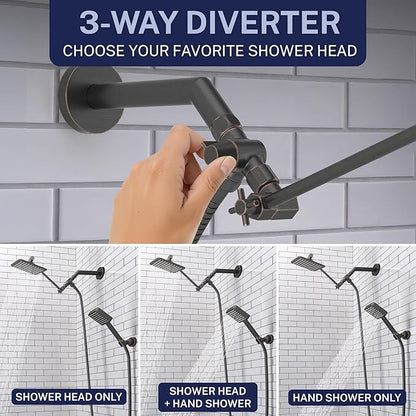 HammerHead® Solid Metal Dual Shower Head Combo — 8" Square Rain Shower Head with Handheld, 12" Adjustable Arm & Wall-Mount Holder for Flexible Installation — Oil Rubbed Bronze