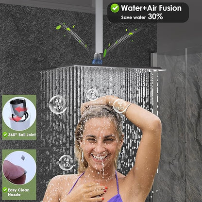 Enga Shower Body Jet System 12 Inch Ceiling Mounted Rainfall Shower Head with 6 Body Sprays and Handshower, Brass Shower Faucet Rough-in Mixer Valve, Chrome