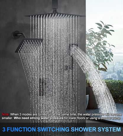 Shower Faucet Set, 12" Ceiling Mount Rainfall Shower System with 2 Rain Shower Head and Multi-function Handheld Head Push Button Diverter Shower Faucet Trim Kit (12", Matte Black)