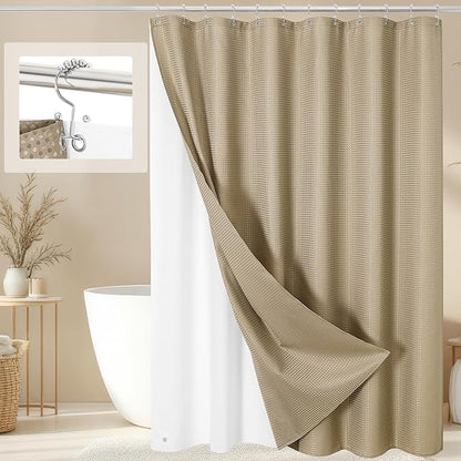 3 in 1 Long Beige Shower Curtain Set-72 W x 78 H, Tan Waffle and PEVA Liner Set with 12 Stainless Steel Hooks, Waterproof Fabric for Bathroom