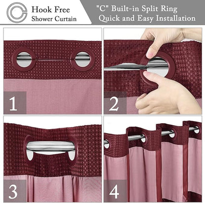 Gibelle Stall Small Shower Curtain 36x74, Waffle Weave Shower Curtain with Snap-in Fabric Liner Set, No Hooks Needed, Hotel Style with Mesh Top Window, Burgundy