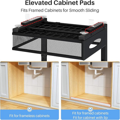 Under Sink Organizer, 2 Pack 2 Tier Pull Out Under Cabinet Organizer Shelf with Pad for Framed Cabinets, Metal Slide Out Under Sink Storage, Mesh Sliding Drawers for Kitchen Bathroom Laundry, Black
