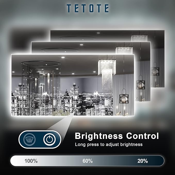 TETOTE 48 x 24 LED Backlit Bathroom Mirror with Light,3Color White/Warm/Natural,Anti-Fog Lighted Mirror,Dimmable,Vanity Mirror,Wall Mounted