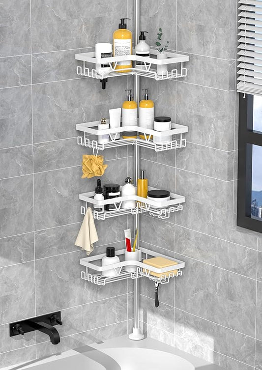 KEGII Corner Shower Caddy Tension Pole - Shower Tension Rod Organizer, Floor to Ceiling Shower Caddy 25-114.2 inch, Bathroom Rack Corner Waterproof, Pure White