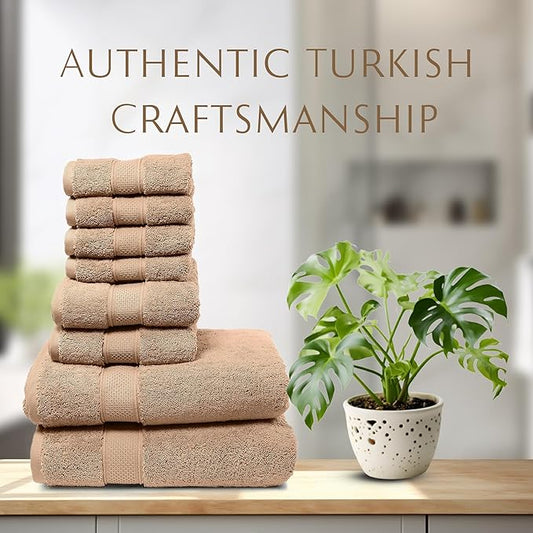 MAURA Biege Bath Towel Set of 8 for Bathroom. Turkish Cotton Luxury Bath Towels. Extra Large, Thick, Plush & Soft. Hotel & Spa Quality - Brown