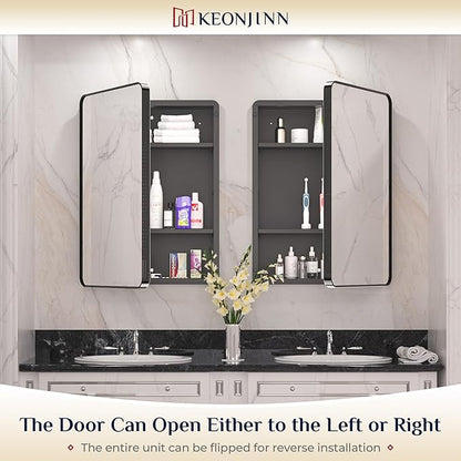 Keonjinn 20 x 26 Inch Black Recessed Medicine Cabinets, Bathroom Mirrored Medicine Cabinet, Gloss Black Stainless Steel Framed, Adjustable Shelves, in Wall or Surface Mount, Sturdy & Heavy, Farmhouse