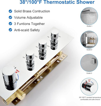 3-Way Chrome Shower Diverter Valve | Thermostatic Brass 3-Function Mixer | Individual On/Off Flow Control for Shower Arm & Shower Kit