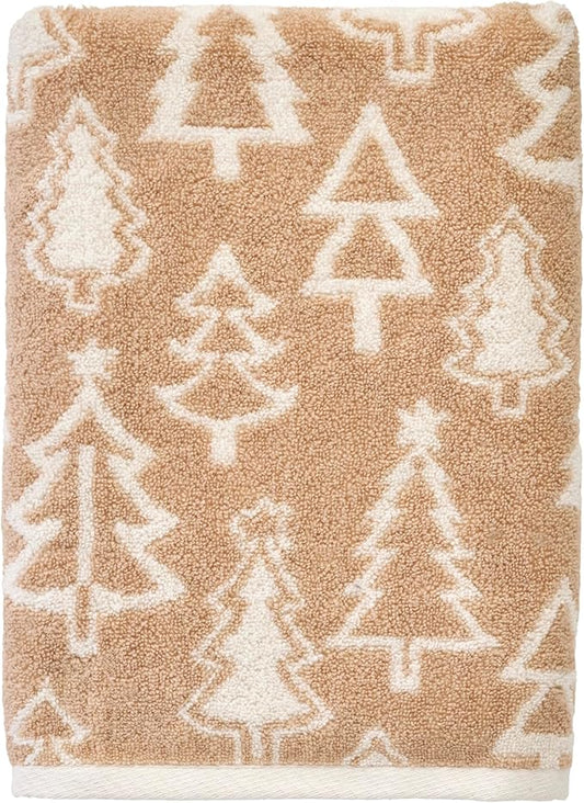 SKL Home Christmas/Winter Mod Tree 100% Cotton Premium Bath Towel, 500 GSM, Soft & Absorbent, Reversible Jacquard, Decorative, Tan