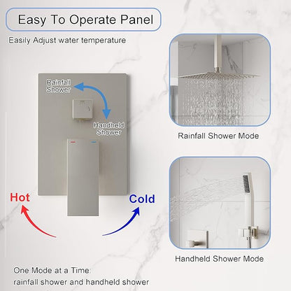 WELLFOR 12-In Ceiling Mount Shower System with Single Handle, Pressure-balanced Valve Included, Waterfall Dual Head Shower Head System, Rain Shower System, Shower Faucet Trim Kits, Brushed Nickel