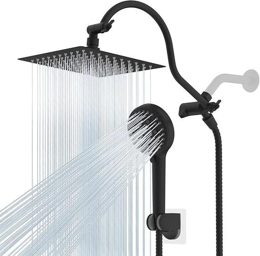 Hibbent All Metal CUPC Certified Shower Head, 8'' High Pressure Rainfall Shower Head, Handheld Showerhead Combo, 12'' Adjustable Extension Arm, 10 Sprays, 71'' Hose, Shower Holder, Matte Black