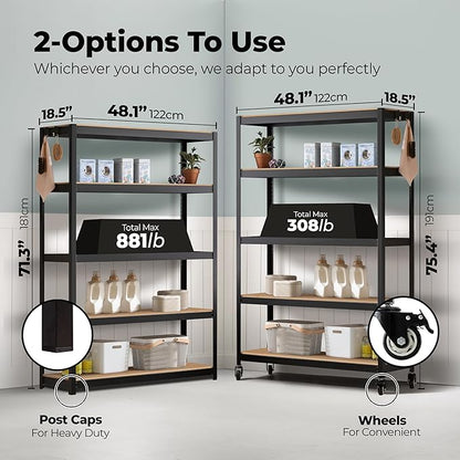 HOMEDANT House 48.1" 5-Tier Metal Rolling Cart Shelf Rack Casters Heavy Duty Laminated Wheel Shelving Unit Adjustable Utility Storage Shelves Shelf Kitchen Garage Black 1Pack