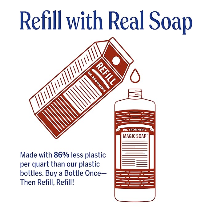 Dr. Bronner's Pure-Castile Liquid Magic Soap Bottle & Refill Carton - Made with Regenerative Organic Certified Oils- 18-in-1 Uses for Face, Body Wash, Hand Soap Refill- Eucalyptus, 32oz + Refill