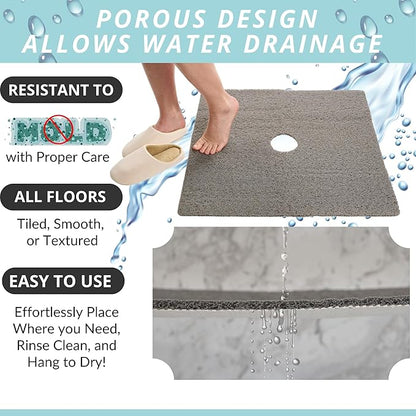 Enkosi Loofah Shower Mat with Drain Hole – Cushioned Anti-Slip Square Bath Mat for Showers, and Bathroom Floors – Textured PVC, Non Slip Safety Pad for Walk-in Stalls and Wet Areas (27x27 Grey)
