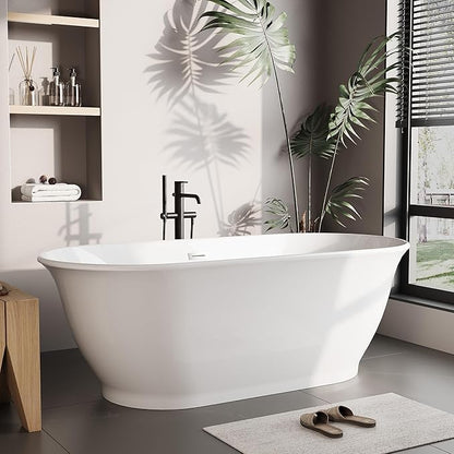 59 Inch Acrylic Freestanding Bathtub, Bathtub with Matte Drain and Overflow, Modern Square Tub, Deep Ergonomic Design, cUPC Certified, Double-Walled Insulation, Easy Install and Safe Use, White