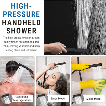 G-Promise All Metal 16 Inch Shower Head with Massage Mode Handheld, Rain Shower Head with Handheld Spray Combo, 3-Way Diverter with Pause Setting, 12 Inch Adjustable Extension Arm (Matte Black)