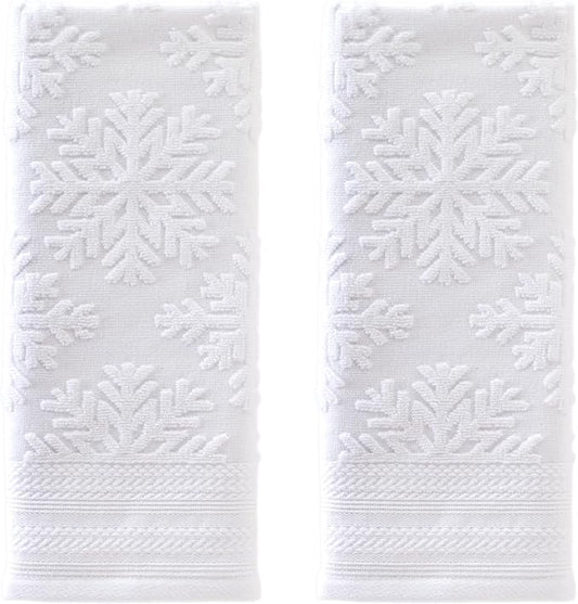 SKL Home Christmas/Winter Subtle Snowflakes Hand Towel 2pc Set for Bath/Kitchen/Bar & Gift, White
