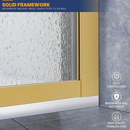 Glass Shower Panel, 34" W x 74" H Semi-Framed Fixed Shower Glass Panel in Brushed Gold with 5/16"(8mm) Clear Tempered Glass Door, Simple Shower Door Panel for Bathroom