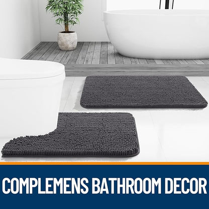 OLANLY Bathroom Rugs Sets 2 Piece, Soft Absorbent Chenille Bath Mats and U-Shaped Contour Toilet Mat Area Rug Set, Machine Washable Bath Carpet, Home Decor Accessories(30"x20"+24"x20", Dark Grey)