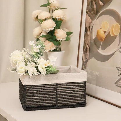 GYASVWU Hand-Woven Paper Rope Storage Baskets,Rectangular Wicker Baskets for Organizing,Decorative Woven Basket for Storage,Shelf Basket for Living Room,Storage Baskets for Pantry (Black - Large)