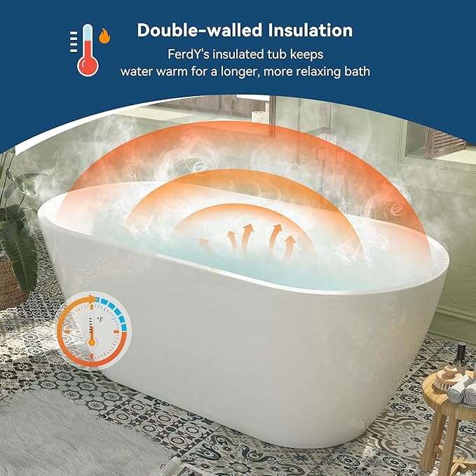 FerdY 59" Bali Elite Acrylic Freestanding Bathtub, Gracefully Shaped Freestanding Soaking Bathtub, cUPC Certified, Toe-Tap Polished Gold Drain and Minimalist Linear Design Overflow Included