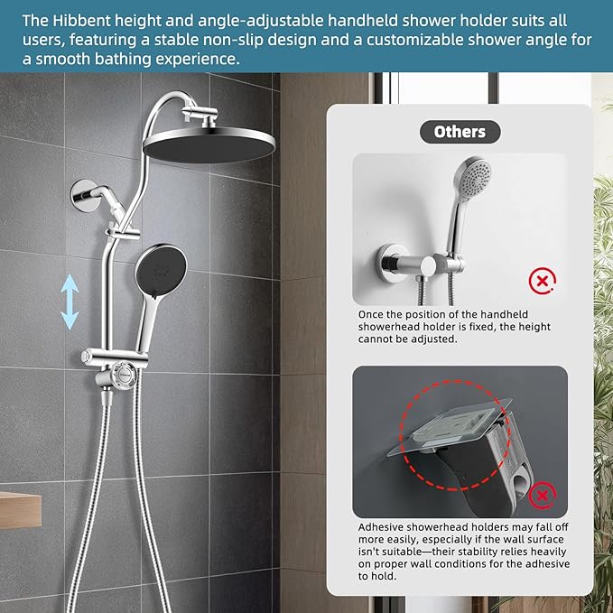 Hibbent Upgraded Self-cleaning Shower Head Combo, High Pressure 10'' Rain Showerhead with 3-mode Handheld Spray, Metal Extension Arm with Easy Reach All Metal 4-way Diverter, 71" Hose & Holder, Chrome